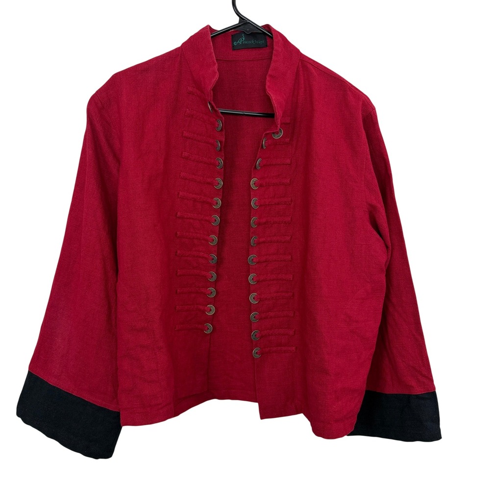 Peacock Ways Jacket Womens Red Linen Coins Military Style Contrast Cuffs Boxy